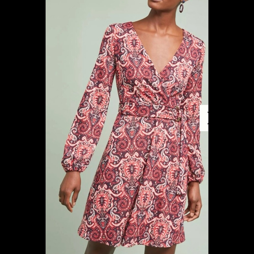 Anthropologie Maeve Long Sleeve Paisley Belted Dress Womens Size XS
